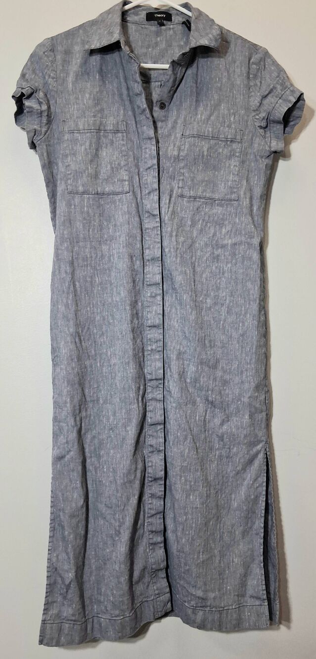Theory womens size 4 small linen shirt dress gray blue midi